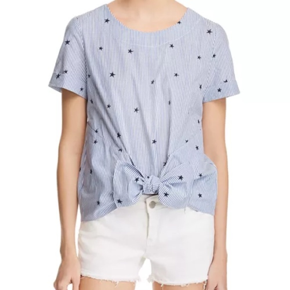 Aqua Light Blue Pinstripe Star Tie-Front Short Sleeve Top